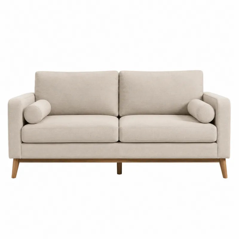 Be?owa sofa z bawe?ny z drewnianymi