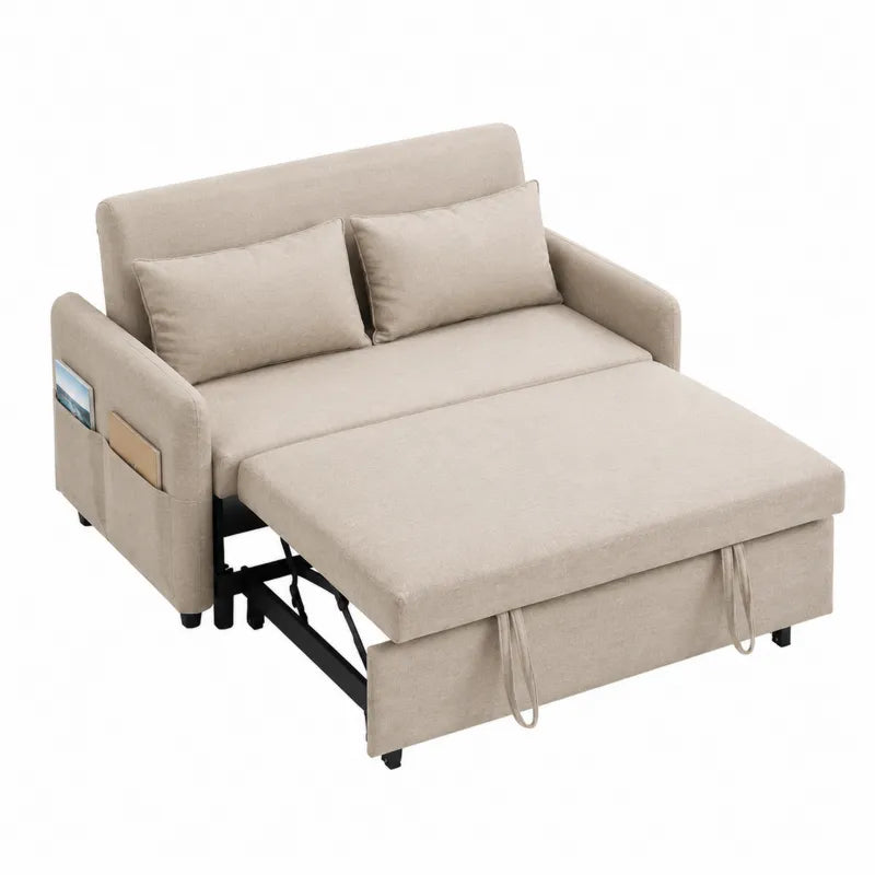 Sofa rozk?adana z poliestrow? tapicerk? w kolorze be?owym z
