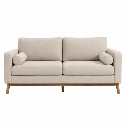 Be?owa sofa z bawe?ny z drewnianymi