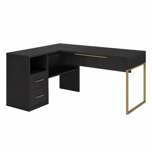 Czarne biurko naro?ne z MDF i metalowymi nogami 160x130x75