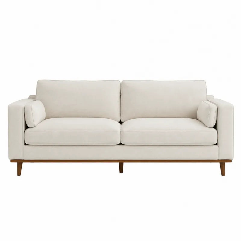 Sofa dwuosobowa z tkaniny kremowej z drewnian?