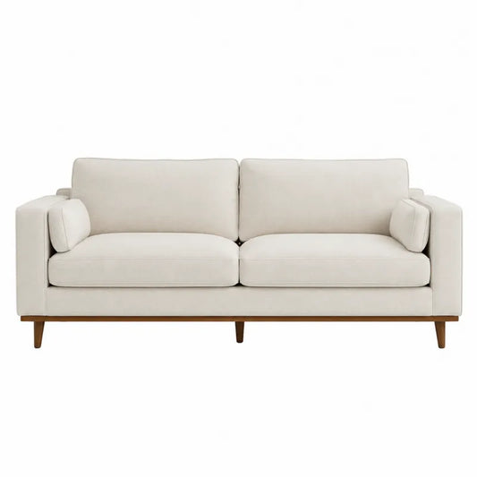 Sofa dwuosobowa z tkaniny kremowej z drewnian?